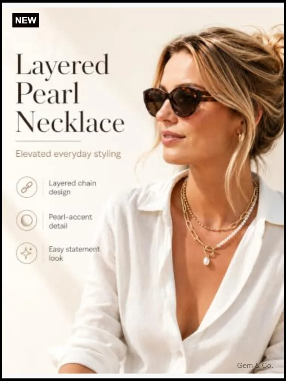 Layered Pearl Chain Necklace with Toggle Clasp, 14K Gold Plated, Trendy Dainty